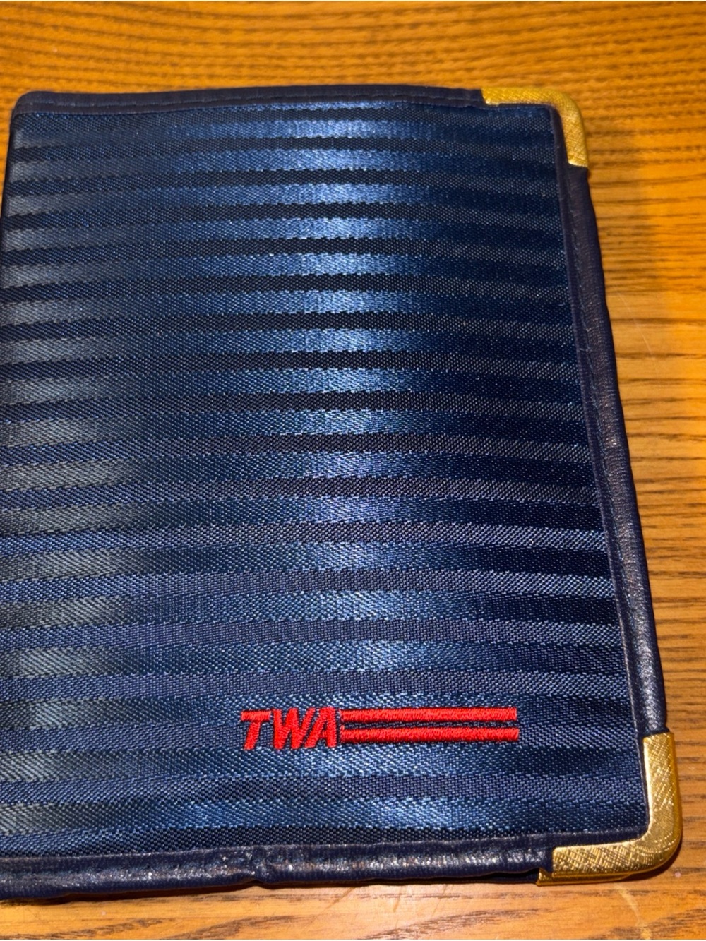 Navy Stripe Passport Holder with Red Logo and Gold Corners TWA